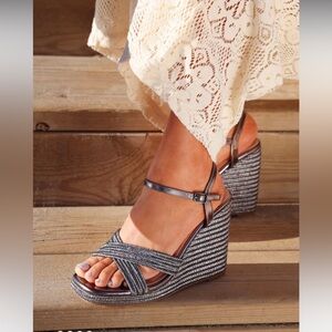 TWD BAKER Wedge Espadrille Sandals - Silver Metallic NEW🔥